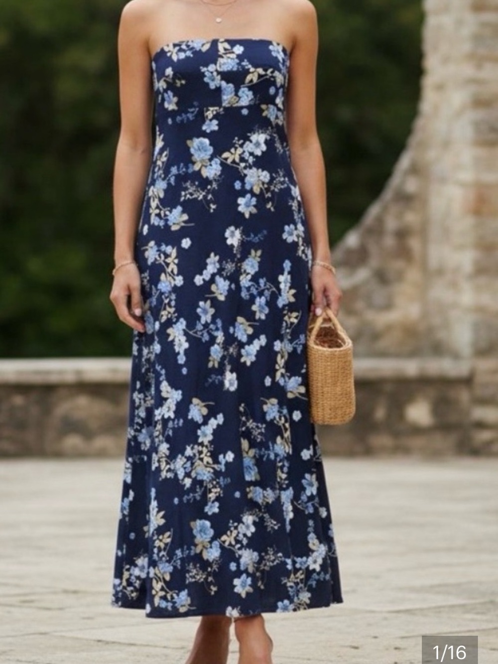 WAYF Strapless Linen Blend Maxi Dress Navy Blue Floral Smocked Women’s M